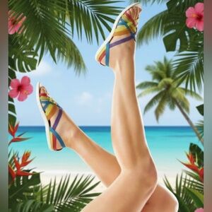 Crocs Huarache Style Rainbow Strappy Jelly Flat Sandals | Women's Size 10